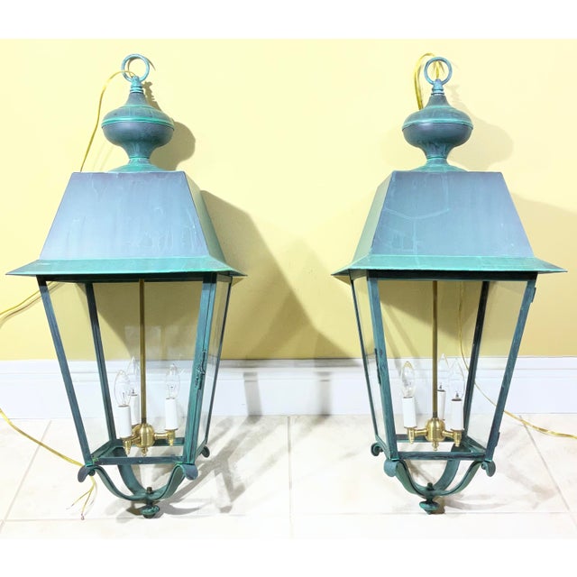 Pair of Solid Verdigris Brass Hanging Lanterns. 14” X 14” X 33” For Sale - Image 14 of 16