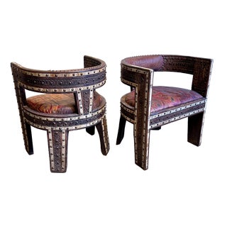 North African Hardwood and Leather Armchairs, 1960s, Set of 2 For Sale