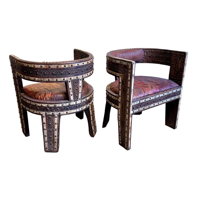 North African Hardwood and Leather Armchairs, 1960s, Set of 2 For Sale