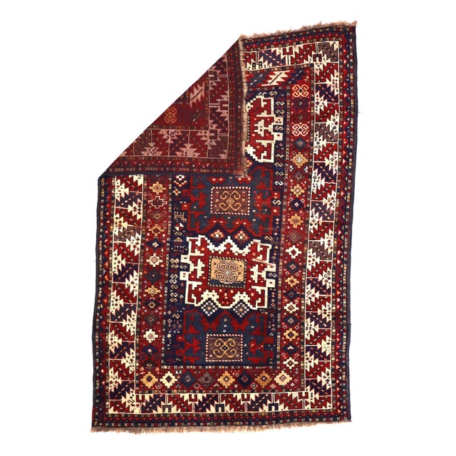 Antique Caucasian Kazak Rug 4'1" x 6’3". SW Caucasus/Armenia. Boldly patterned, strongly colored, totally geometric, all...