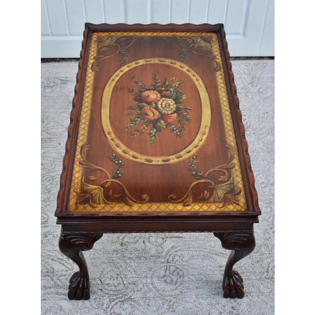 Traditional Vintage Carved Mahogany Regency Hand Painted Floral Design TBL W/ Claw Foot For Sale - Image 3 of 12