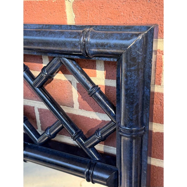 Chinoiserie Chic Vintage Grand Pair of Dixie Aloha Faux Bamboo Mirrors in Bespoke Turtle and Crane Lapis Finish - A Statement Piece - Newly Painted For Sale - Image 3 of 10