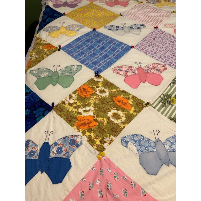Textile Vintage Butterfly Handmade Quilt For Sale - Image 7 of 12