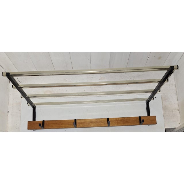 Vintage Wall-Mounted Coat Rack with Black Iron Frame, Brass-Coloured Hat Shelf and Teak Wood Strip, 1970s For Sale - Image 3 of 5