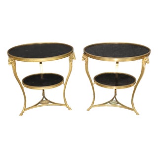 Pair 1920's Directoire Bronze Rams Head Marble Top Gueridon Tables For Sale