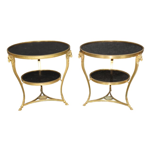 Pair 1920's Directoire Bronze Rams Head Marble Top Gueridon Tables For Sale