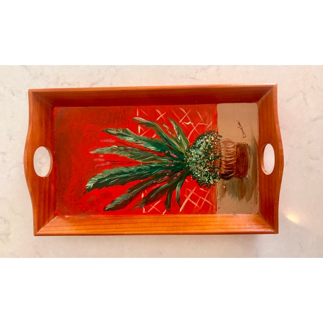 1980s Folk Art Hand Painted Wooden Tray With Inset Handles, Signed by Artist For Sale - Image 15 of 15