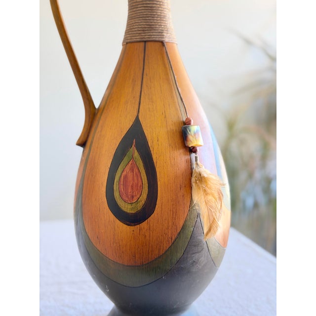 Brown Vintage Midcentury African Bentwood Pitcher Vase With Sculptural Neck and Curving Handle, Teardrop Accents, Feather and Stone Tassel Detail For Sale - Image 8 of 12