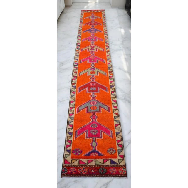 1970s Hand-Knotted Turkish Runner Rug. Bright Orange Narrow Hallway Decor Kitchen Rug - 2' X 12'4" For Sale - Image 5 of 16