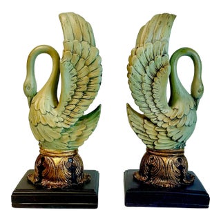 Mid-Century Hollywood Regency Neoclassical Coastal Swan Figural - A Pair. For Sale