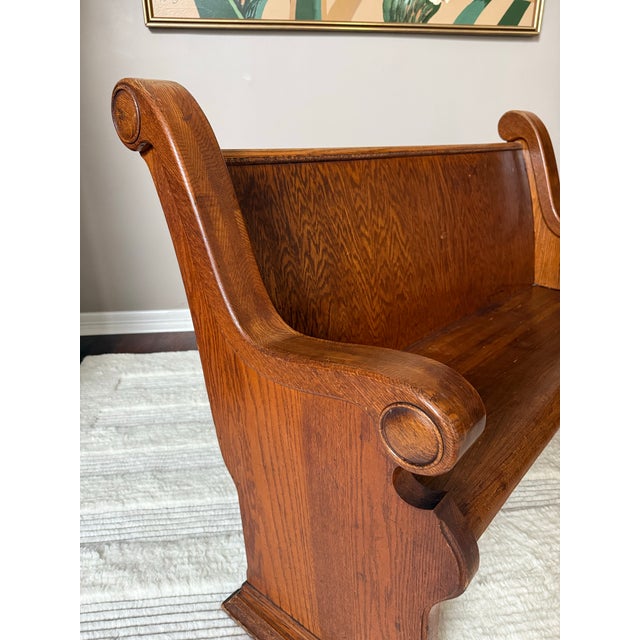 Antique Solid Mission Carved Oak Wood Church Pew Bench For Sale - Image 12 of 12