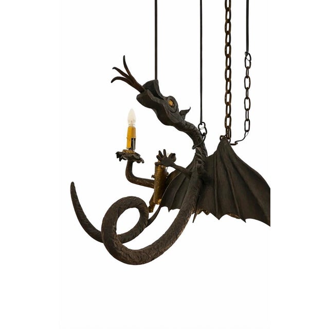 1920s Vintage Gothic Revival Dragon Chandelier | Hand-Forged Iron Fantasy Lighting | 44” Diameter For Sale - Image 5 of 7