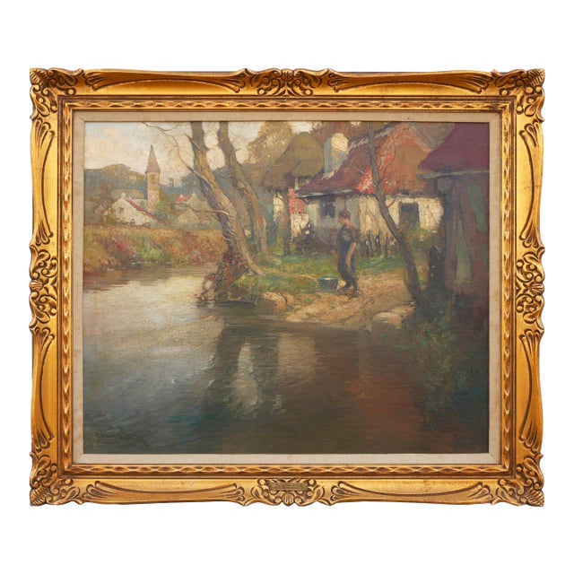 George Ames Aldrich “Stream in Normandy” Pastel Pastoral Impressionist French Landscape Painting, 1920s For Sale