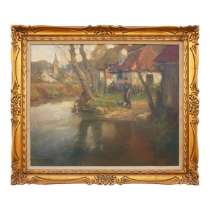George Ames Aldrich “Stream in Normandy” Pastel Pastoral Impressionist French Landscape Painting, 1920s
