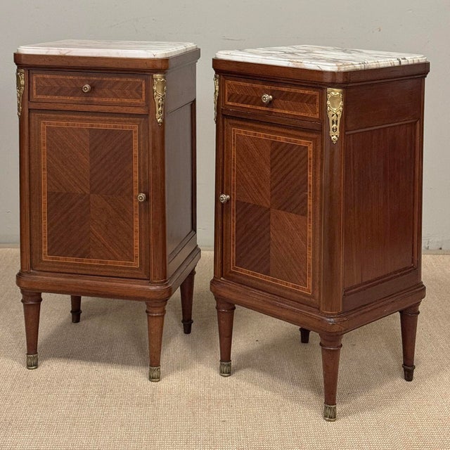 Pair of Antique French Louis XVI Marquetry Marble Top Nightstands ~ End Tables For Sale - Image 4 of 18