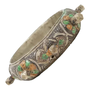 Moroccan Berber Silver Bracelet with Green and Orange Enamel