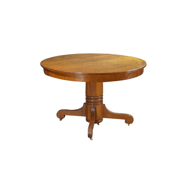 Victorian Antique American Classical Victorian Scrolled Oak Round Extendable Dining Table For Sale - Image 3 of 18