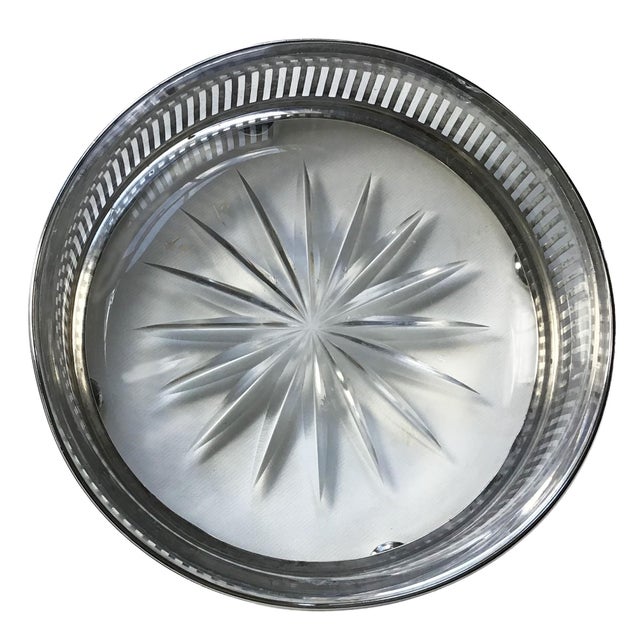 Vintage Sterling Silver Footed Reticulated Bottle Coaster Pressed Glass Insert with Starburst Pattern Probably made by...