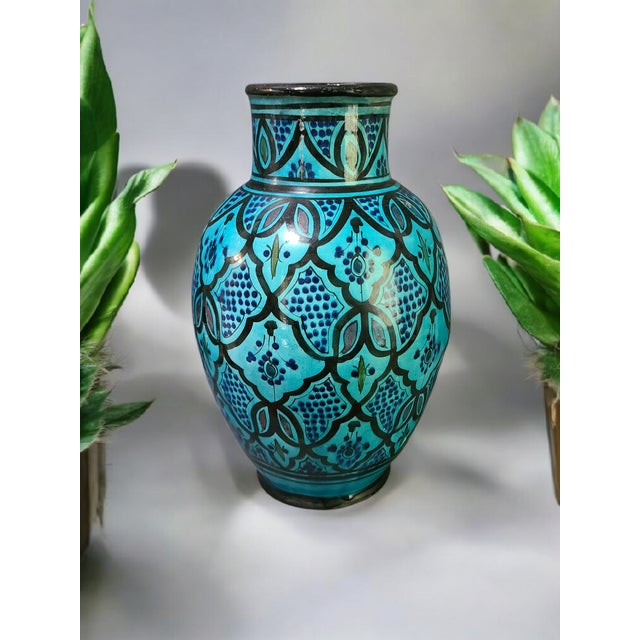 Vintage Hand Painted Moroccan Turquoise Blue & Black Terra