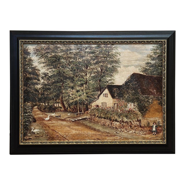 Original Antique European Oil Painting, Cottage by Stream (1898) For Sale