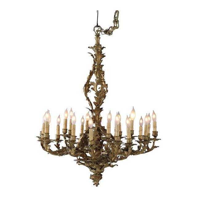 Early 19thC Large French Louis XIV Gilt Bronze 24-Light Foliate Chandelier For Sale