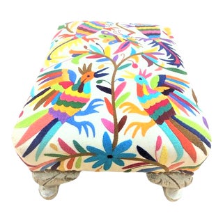 Early 20th Century Footstool Reupholstered With Otomi Hand Embroidery and Yellow Italian Leather For Sale