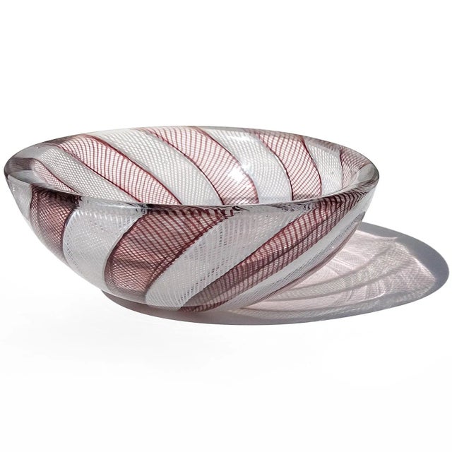 Mid-Century Modern Vintage Venini Murano Signed Made in Italy Amethyst White Zanfirico Ribbons Italian Art Glass Ring Dish Bowl For Sale - Image 3 of 7