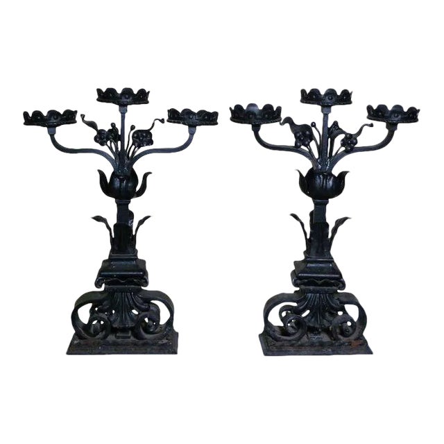 19th Century Large Historic Chateau Iron Candelabra - a Pair For Sale