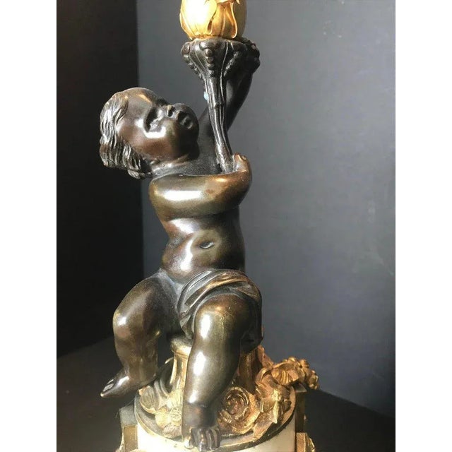 Louis XVI Style Putto Ormolu Patinated Bronze and Marble Candlestick For Sale - Image 4 of 13