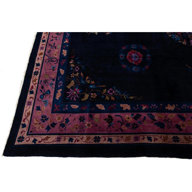 1920s Antique Art Deco Dark Indigo Chinese Wool Rug 9 Ft X 11 Ft 10 In. For Sale - Image 5 of 13