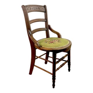 Early 1900s Antique Americana Folk Art Farmhouse Carved Walnut & Needlepoint Side Chair For Sale