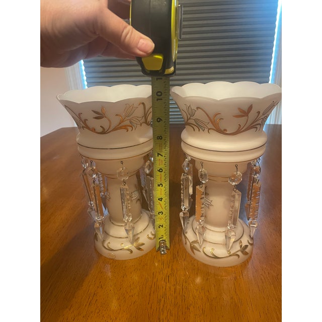 Glass Pair of White Mantel Lustres With Crystal Prisms and Gold Floral Decoration For Sale - Image 7 of 7