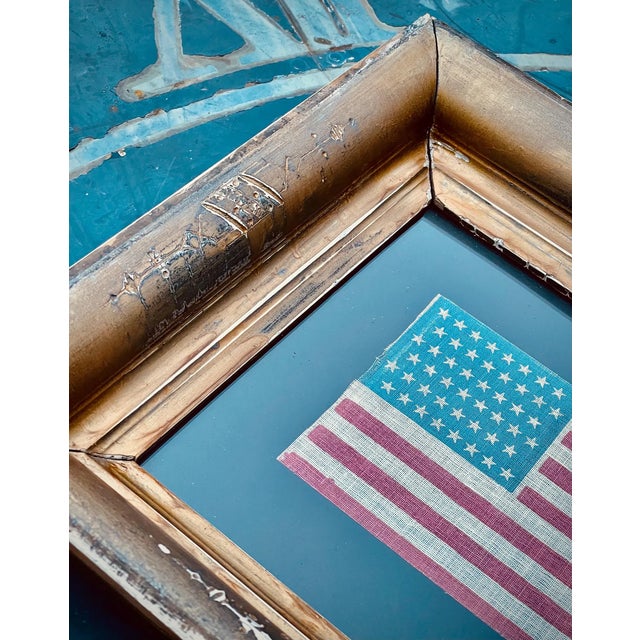 Textile Rare and Fine Antique American Flag 1912 Staggered 48 Star Glazed Cotton in Antique Gilt Frame For Sale - Image 7 of 10