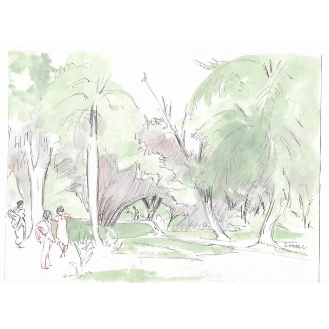 Double sided watercolor on paper by English artist Ivy Attwell (1895-1985) of docks in Malaysia or Singapore, jungle scene...