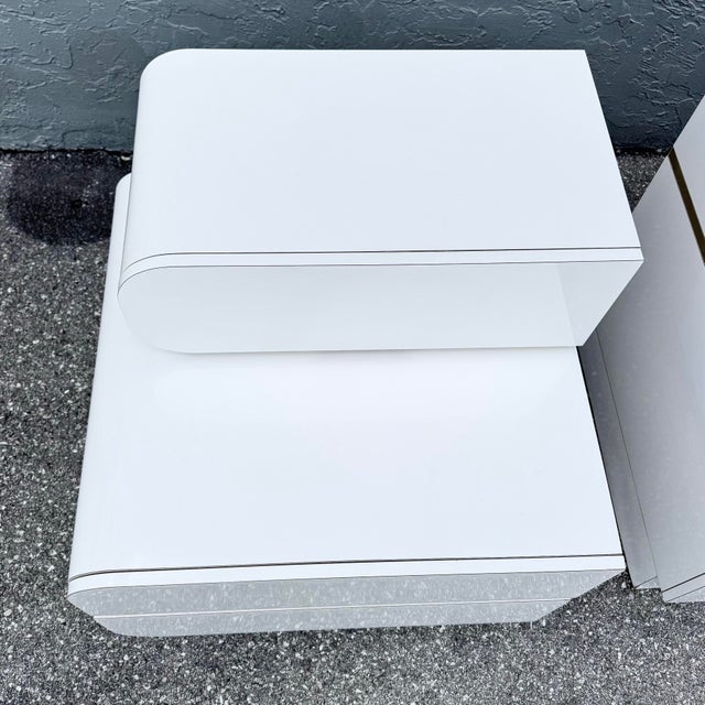 Postmodern Galactic White Gloss Laminate Waterfall Nightstands - A Pair For Sale - Image 9 of 11