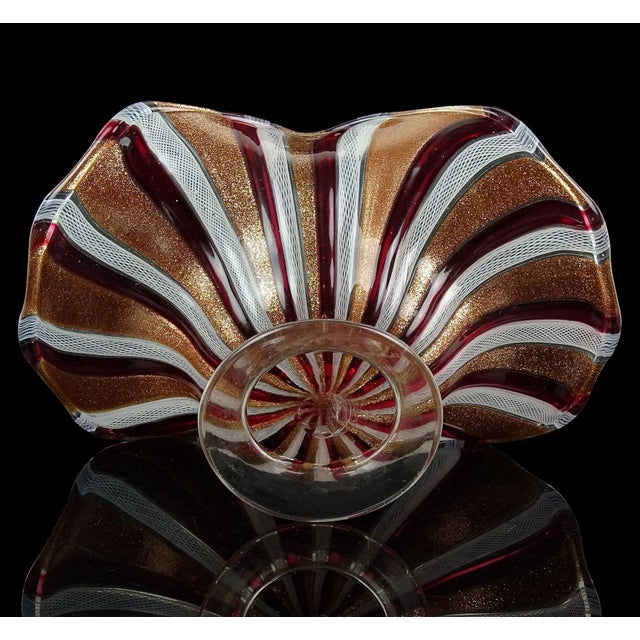 Dark Pink Vintage Italian Art Glass Footed Bowl Murano Glittery Copper Aventurine Pink Red White Ribbons Dish For Sale - Image 8 of 8