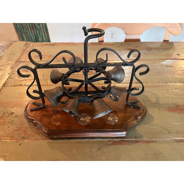 Vintage Wrought Iron & Brass 8-Bell Mechanical Door Bell on Wood Plaque For Sale - Image 11 of 11