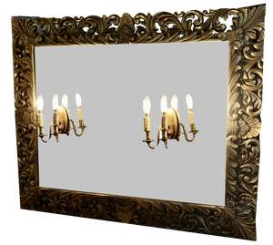 Large French Gothic Gilt Overmantel Mirror with Twin Sconces, 1890s