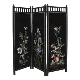 Edwardian Folding Screen with Handpainted Flowers on Velvet, 1910s For Sale