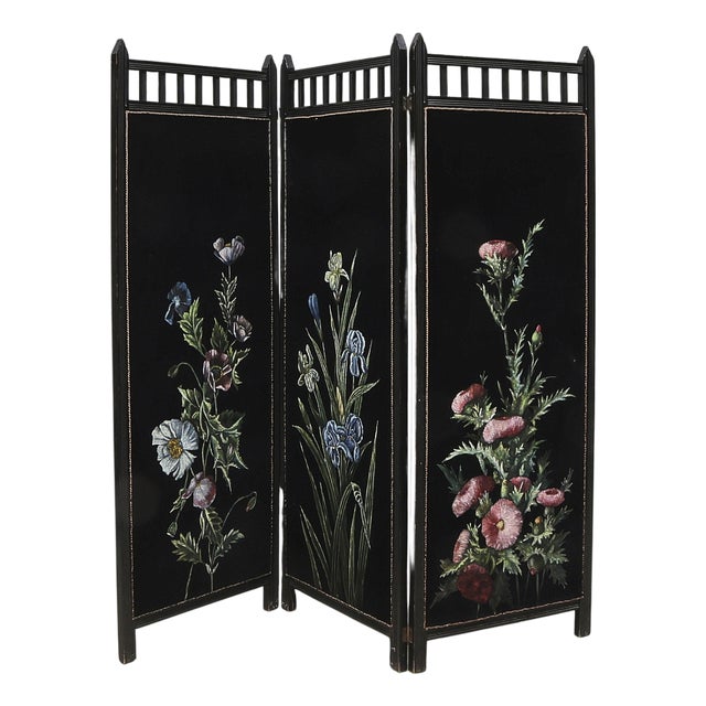 Edwardian Folding Screen with Handpainted Flowers on Velvet, 1910s For Sale