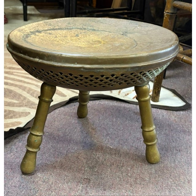 Early Middle Eastern Etched and Pierced Brass Three Leg Trim Pod Footstool For Sale In New York - Image 6 of 8