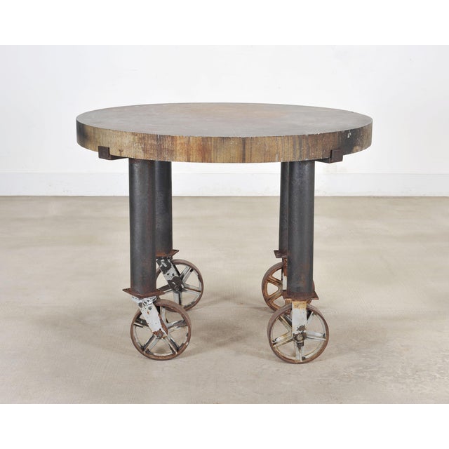 Early 20th Century Industrial Style Round Machined Iron Center Table on Casters For Sale - Image 5 of 18
