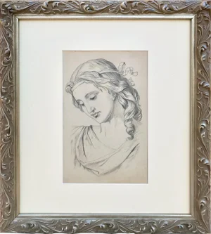 19th C Antique Renaissance Style Portrait Drawing of a Woman