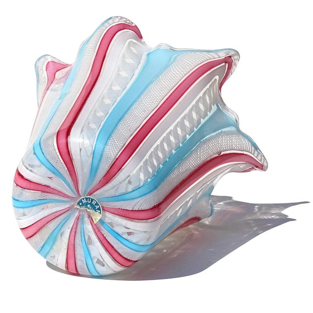 Vintage Murano Fratelli Toso Pink White Blue Italian Art Glass Decorative Fazzoletto Flower Vase For Sale - Image 10 of 11