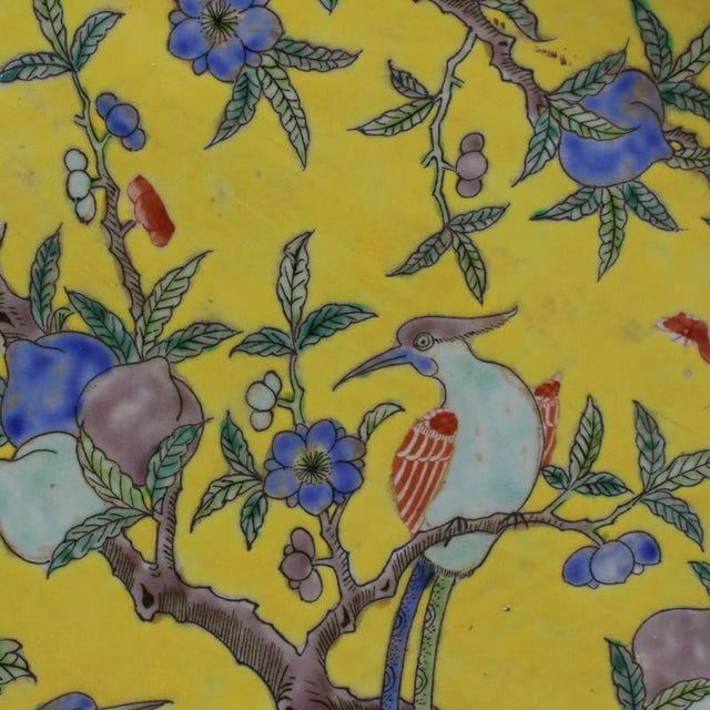 Late 20th Century Hand-Painted Yellow Ground Porcelain Charger – 18" Famille Rose Bird & Floral Plate For Sale - Image 5 of 5