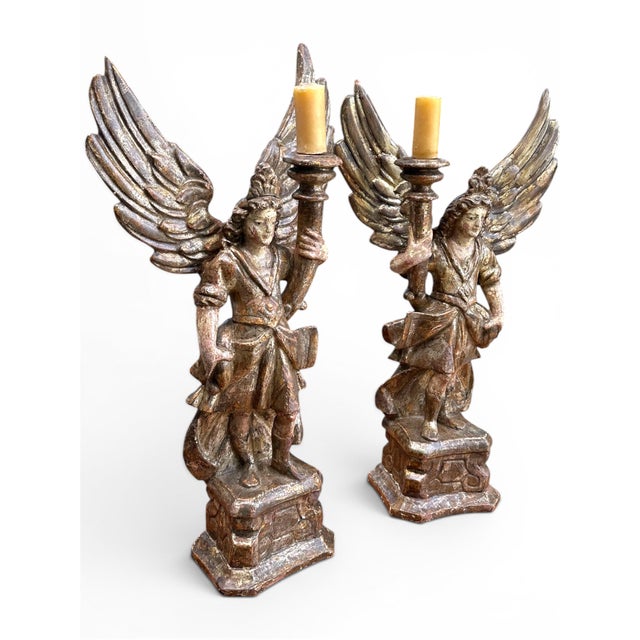 Pair of 18th Century Italian Carved and Polychrome Angel Candlesticks For Sale - Image 14 of 18