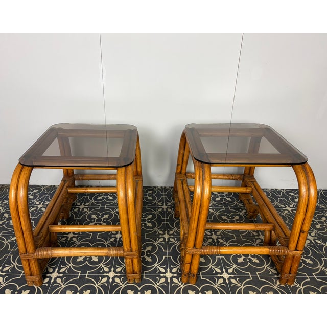 Mid-Century Modern Italian Bamboo and Rattan Side Tables with Smoked Glass, 1950s, Set of 2 For Sale - Image 15 of 18
