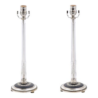 1950s Wedgwood Crystal & Silver Plate Candlestick Lamps - a Pair For Sale