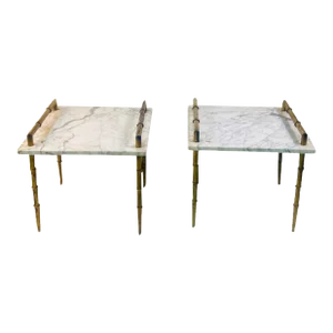 1960s Modern Marble & Brass Bamboo Legs Tables - A Pair