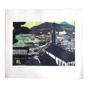 Vintage Folio Size Mid 20th C. Lithograph of a Japanese Cityscape Woodblock Print